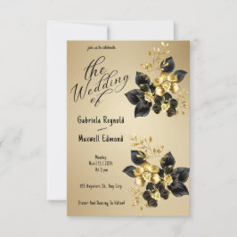 Invitación Boda floral de orquídeas roánticas de oro negras