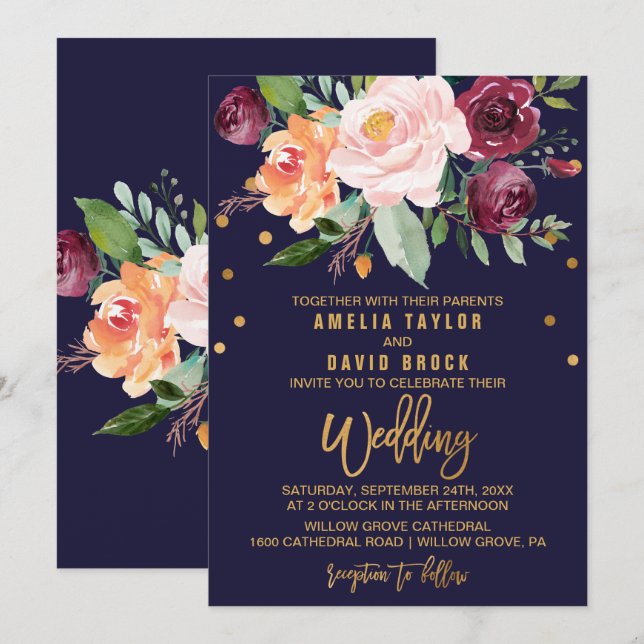 Invitación Boda floral de otoño (Anverso / Reverso)