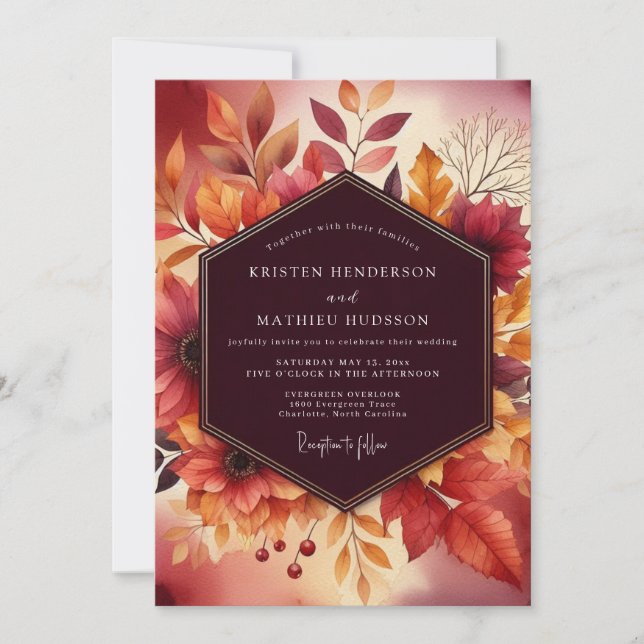Invitación Boda floral de otoño borgoña (Anverso)