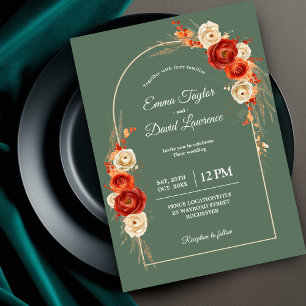 Invitación Boda floral de otoño chic naranja terracota salvia