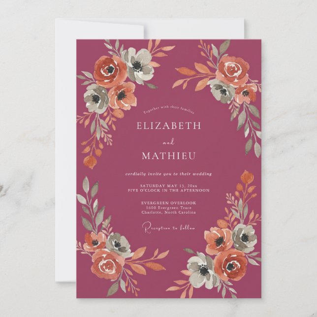 Invitación Boda Floral de Otoño Ciruela (Anverso)