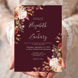 Invitación Boda floral de otoño con acuarela de Borgoña