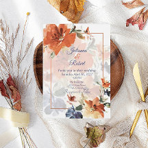 Boda floral de otoño con acuarela de naranja y azu
