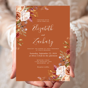 Invitación Boda floral de otoño con acuarela en naranja quema