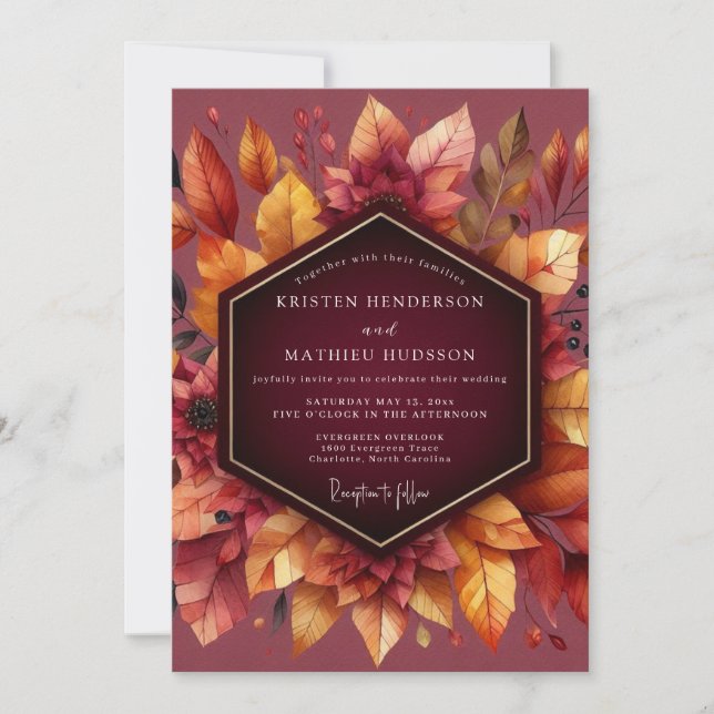 Invitación Boda floral de otoño con cosecha de Borgoña (Anverso)