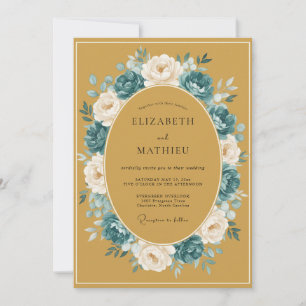 Invitación Boda floral de otoño con crema azul verdoso
