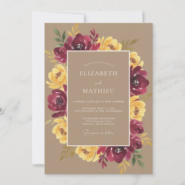 Invitación Boda floral de otoño con floración de Borgoña (Anverso)