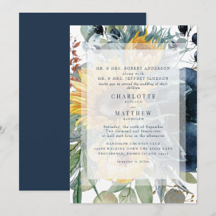 Invitación Boda floral de otoño con girasoles y azul marino