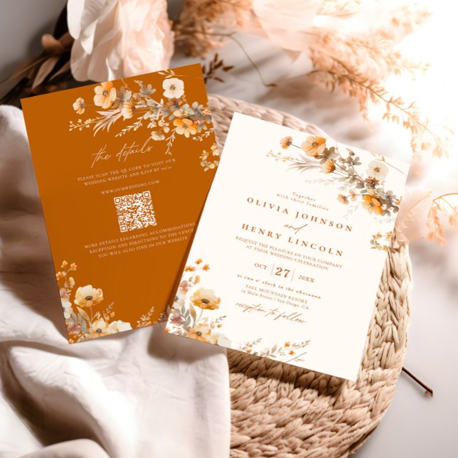 Invitación Boda floral de otoño con naranja quemada (Subido por el creador)