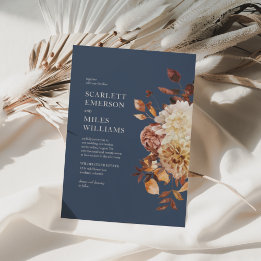 Invitación Boda floral de otoño de azul marino