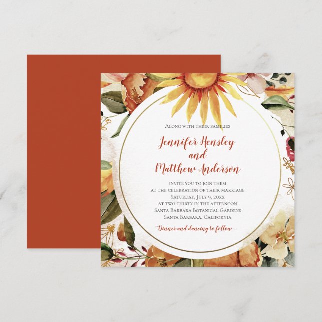 Invitación Boda Floral de otoño de girasoles (Anverso / Reverso)