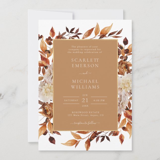 Invitación Boda floral de otoño de oro (Anverso)