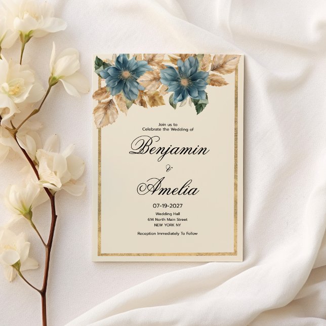 Invitación Boda floral de otoño de oro de marfil azul (Blue ivory gold fall spring floral Wedding)