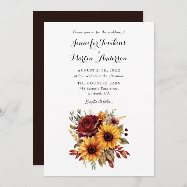 Invitación Boda floral de otoño de otoño de la rosa roja (Anverso / Reverso)