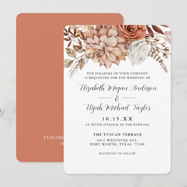 Invitación Boda Floral de otoño de terracota de óxido presupu (Anverso / Reverso)