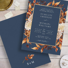 Invitación Boda Floral de Otoño en Azul Marino