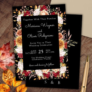 Invitación Boda floral de otoño en beige sobre negro de Burde
