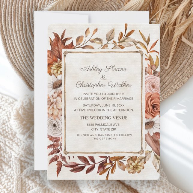 Invitación Boda floral de otoño en el boho rústico (Rustic brown leaves and blush pink floral fall/autumn wedding invitation)