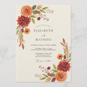 Invitación Boda floral de otoño en naranja quemada