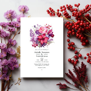 Invitación Boda floral de otoño en rojo cereza y púrpura brez