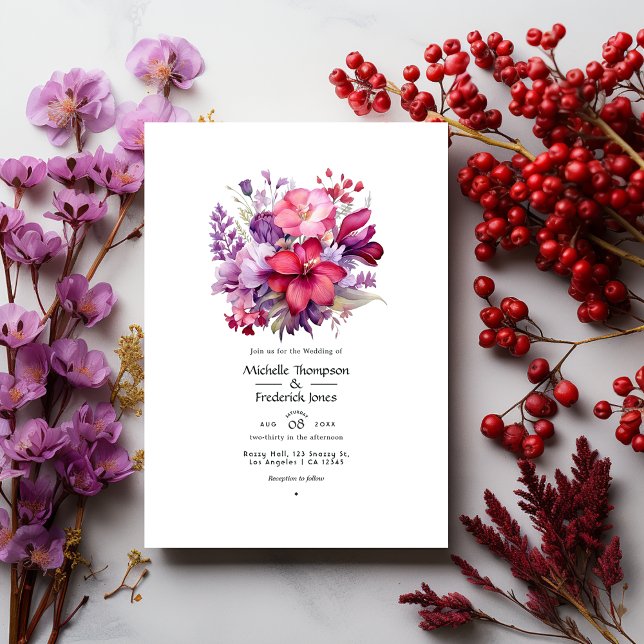 Invitación Boda floral de otoño en rojo cereza y púrpura brez (Subido por el creador)