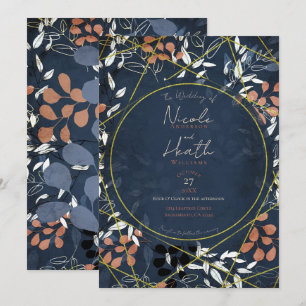 Invitación Boda Floral de Otoño en Terracota Azul Dorado Inte