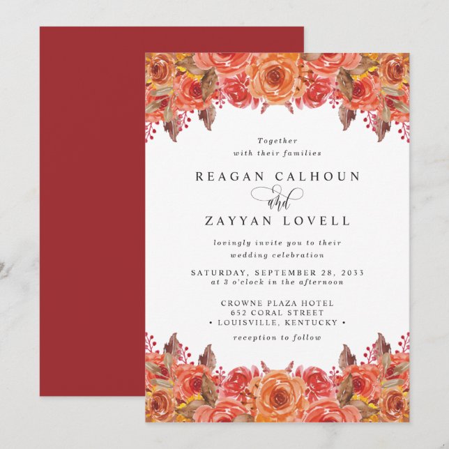 Invitación Boda Floral de Otoño en Terracota de Borgoña (Anverso / Reverso)