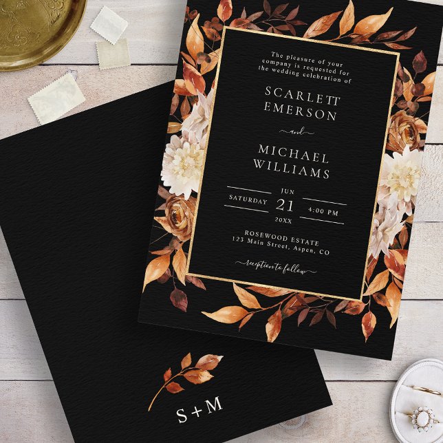 Invitación Boda Floral de Otoño Negro (Black Fall Floral Wedding Invitation
)