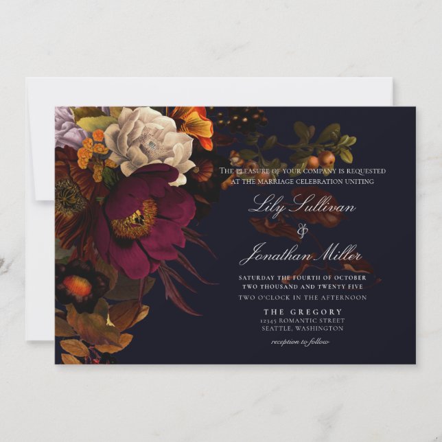 Invitación Boda floral de otoño oscuro en Moody Night (Anverso)