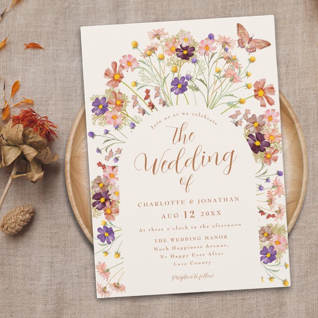 Invitación Boda floral de otoño rústico (Boho fall rustic floral wedding invitation whimsical watercolor wildflowers and butterfly )