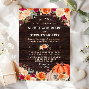 Invitación Boda Floral de Otoño Rústico con Calabaza Naranja