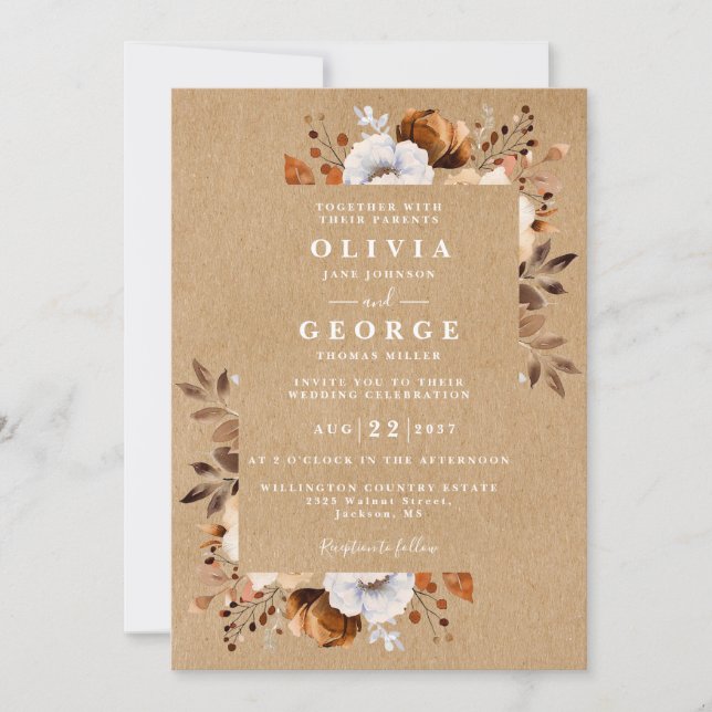 Invitación Boda floral de otoño rústico Kraft (Anverso)