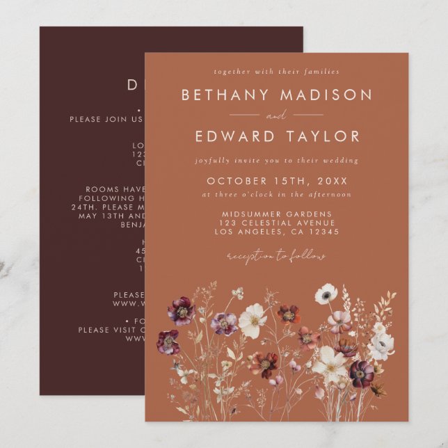 Invitación Boda Floral de Otoño Todo en Uno (Anverso / Reverso)