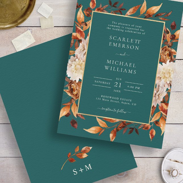 Invitación Boda floral de otoño verde azulado (Elegant Copper Leaves Teal Fall Floral Wedding Invitation by Painted Paperie
)