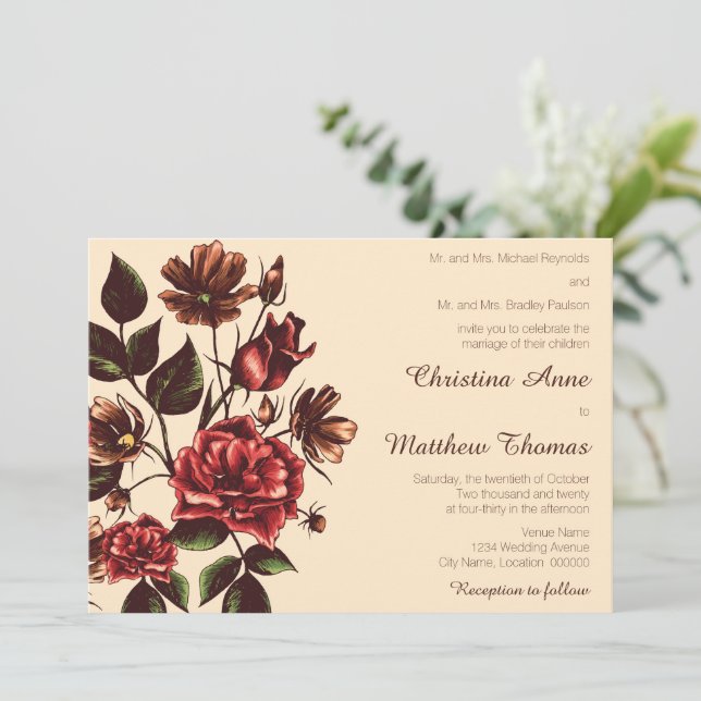 Invitación Boda Floral de otoño y otoño (Anverso de pie)