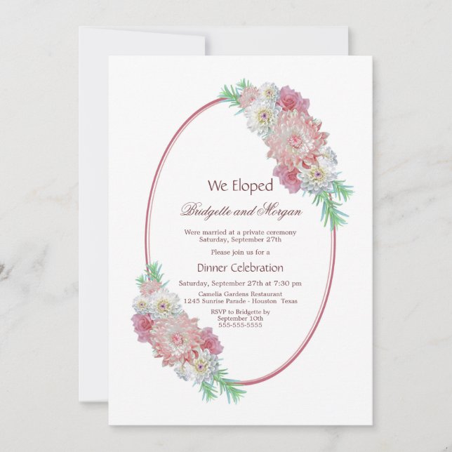 Invitación Boda Floral De Oval Rosa Después Del Fiesta (Anverso)