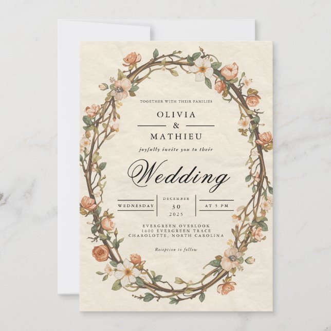 Invitación Boda floral de ovalado de edad avanzada (Anverso)