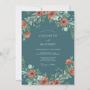 Invitación Boda Floral de Óxido de Azul Acero