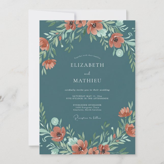 Invitación Boda Floral de Óxido de Azul Acero (Anverso)