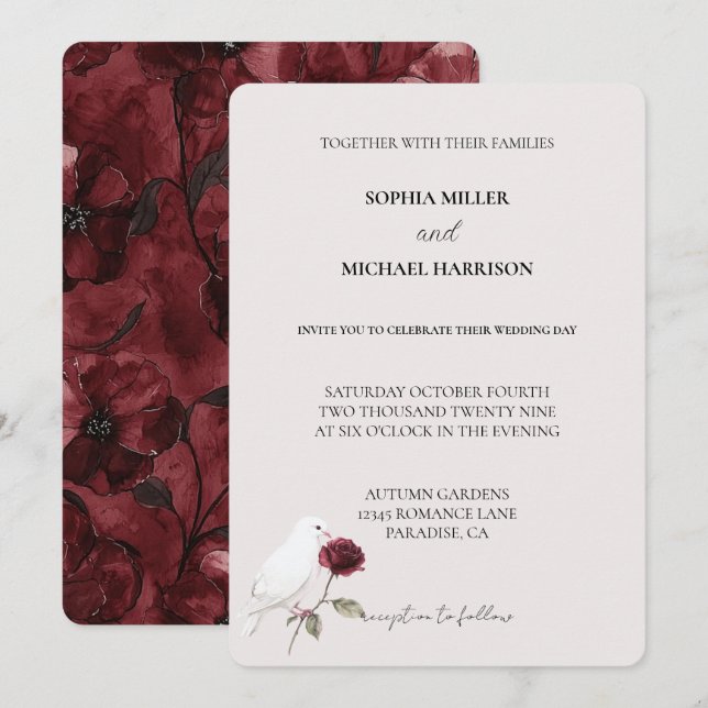 Invitación Boda floral de pájaro blanco rosa rojo romántico (Anverso / Reverso)