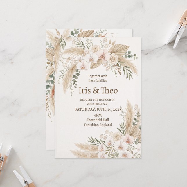 Invitación Boda floral de Pampas neutrales (Anverso/Reverso In Situ)