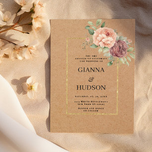 Invitación Boda floral de papel coral marrón rústico