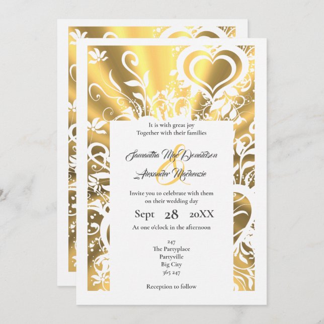 Invitación Boda floral de papel falso de oro (Anverso / Reverso)