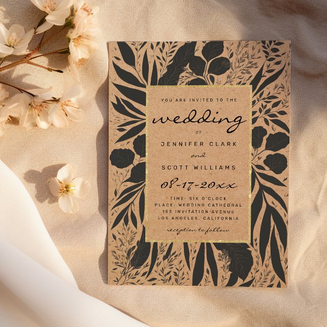 Invitación Boda floral de papel marrón rústico negro dorado (Rustic brown paper black gold floral wedding)