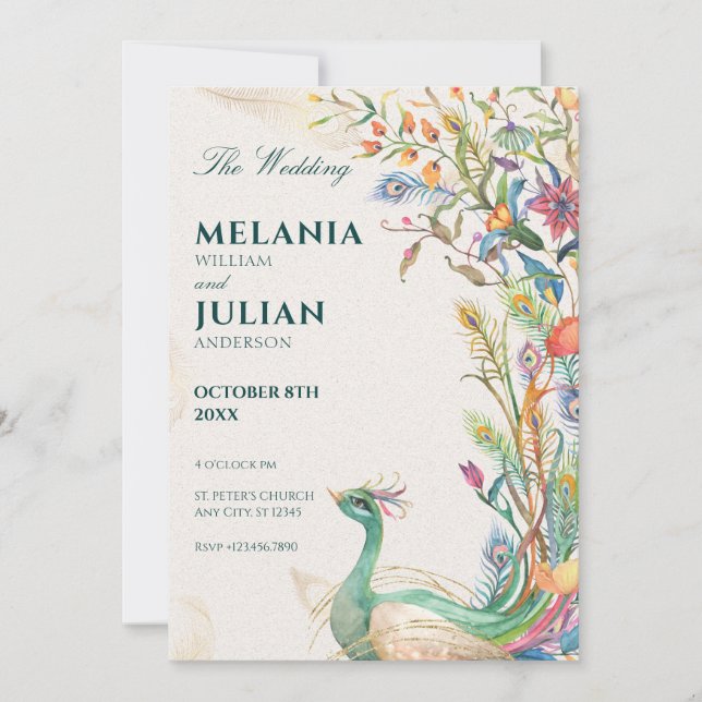 Invitación Boda floral de pavo real ruso (Anverso)