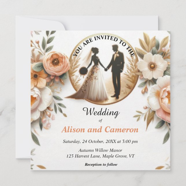 Invitación Boda Floral de Peach de otoño (Anverso)