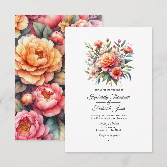 Invitación Boda Floral de Peach Fuzz (Anverso / Reverso)