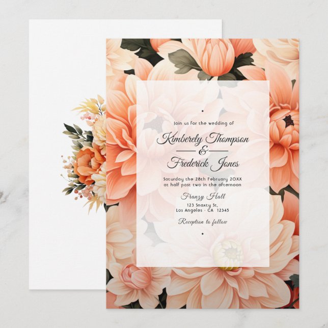Invitación Boda Floral de Peach Fuzz (Anverso / Reverso)