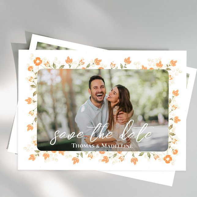Invitación Boda Floral de Peach Save the Date Photo (Wedding save-the-date photo card with a scannable QR code. )