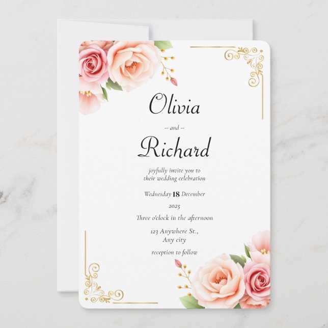 Invitación Boda floral de peones rosados clásicos (Anverso)